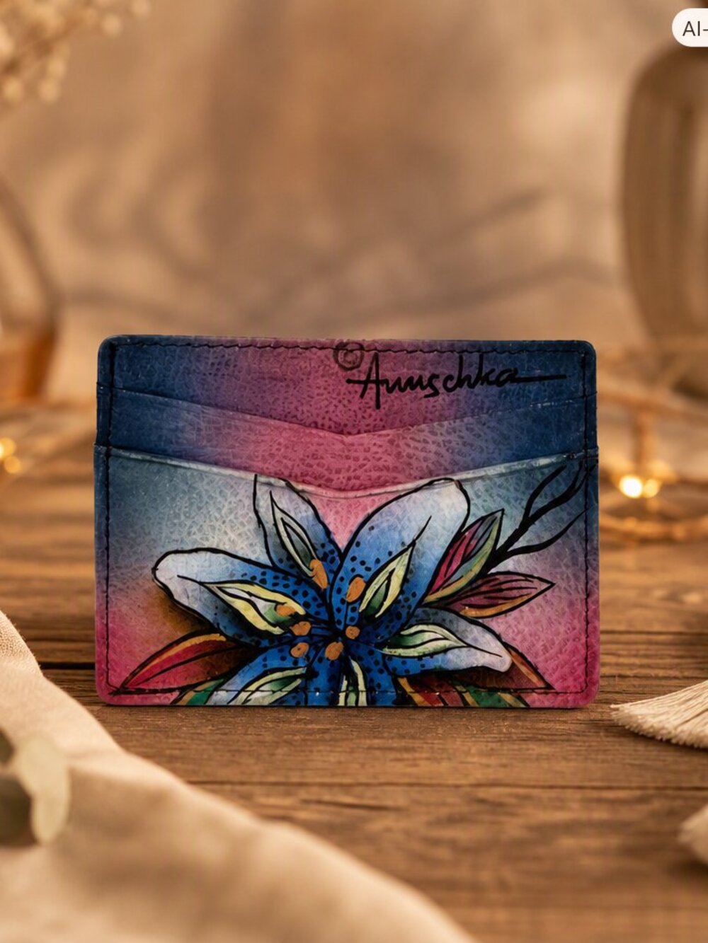 Anuschka Painted Floral Leather Card Wallet in Blue-Pink Gradient